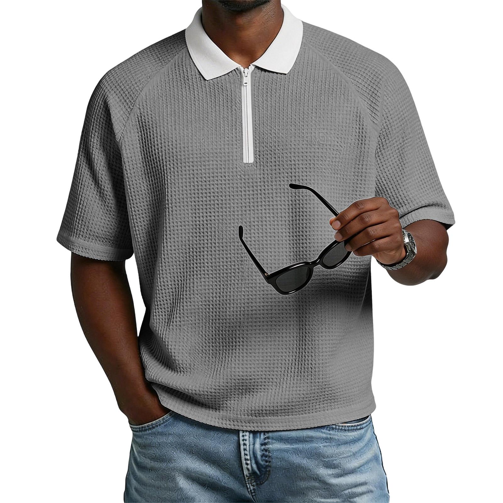 Ionia Heren Poloshirt met Korte Mouwen, Contrastkraag en Halve Rits, Casual Wafelpatroon Top L