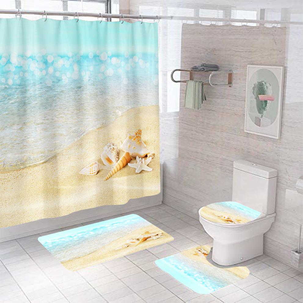 Bathroom Shower Curtain Four-piece Digital Printing Beach Shell Waterproof Shower Curtain Shower Curtain Partition Curtain Bath Mat