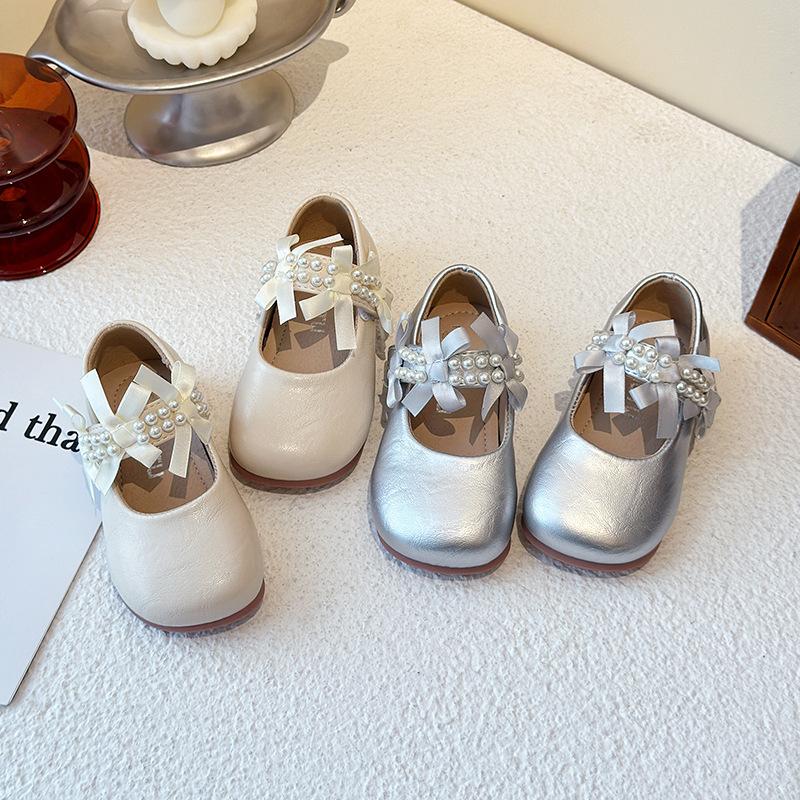 Girls leather shoes 2025 new children's pearl bow princess shoes girls show single shoes soft-soled Mary Jane shoes