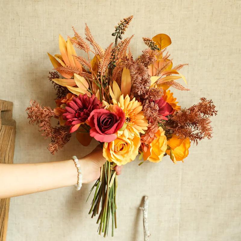 1PCS Boho Terracotta Bouquets Room Decor DIY Silk Artificial Flower Bridal Bouquet for Rustic Wedding Home Floral Centerpieces
