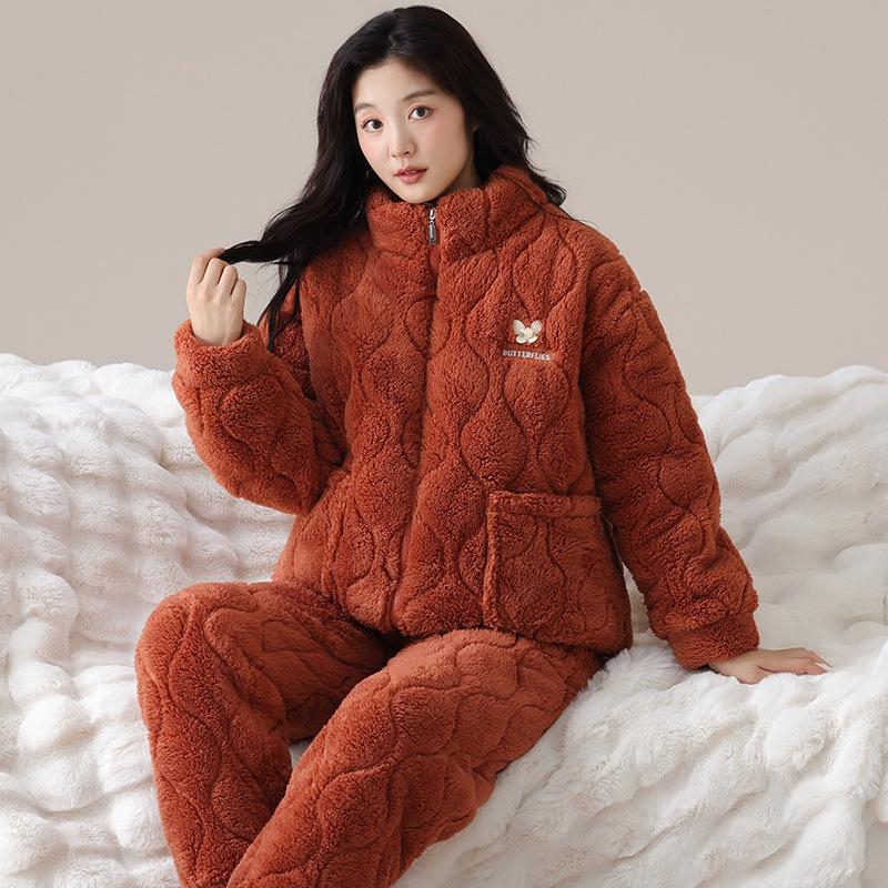 Winter Coral Fleece Padded Pajamas Women'S Fleece Thickened Flannel Padded Jacket Autumn And Winter Loungewear Warm Suit