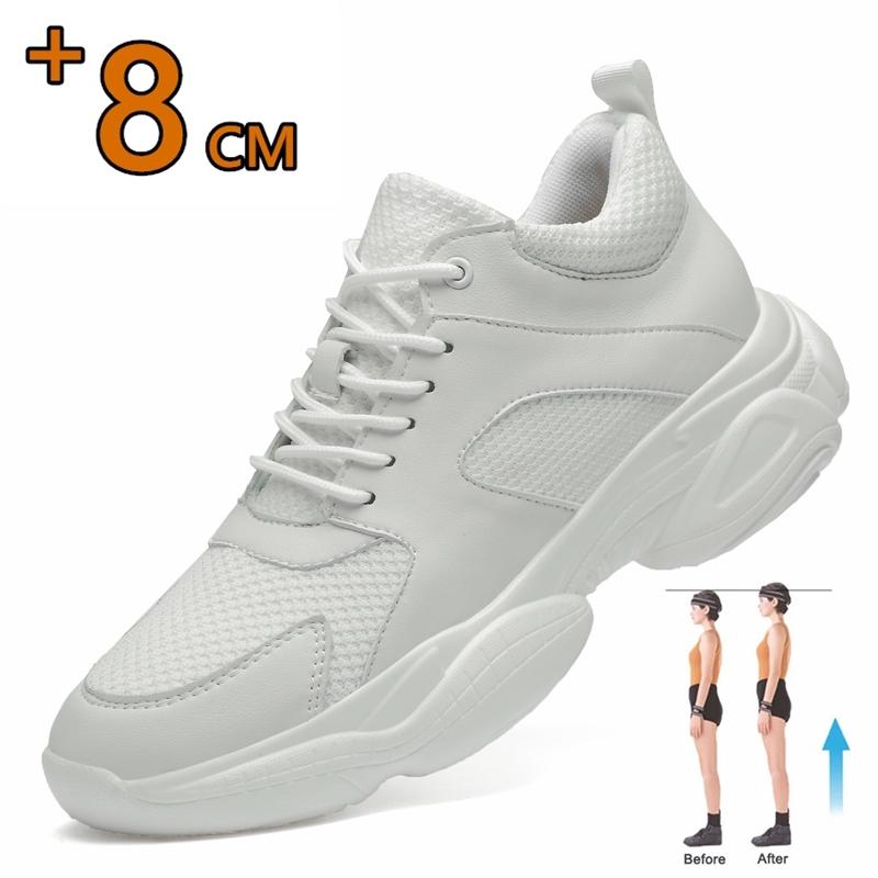 Fashion Men Mesh+Leather Elevator Sneakers 8cm Insole Height Increased Shoes Teenager Unisex Hidden Heels Inner Heightening Lift Sports