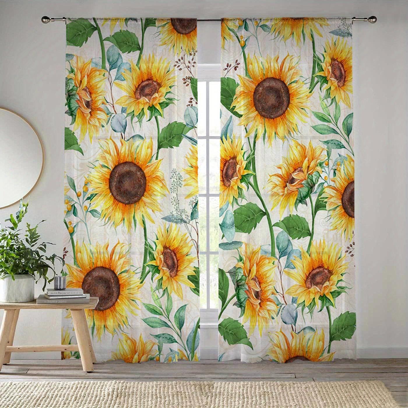 

Modern Simplistic Style Sunflower Print Pattern Drapes great for Living Room Bedroom Decor Rod Pocket Style Semi-Sheer ideal for Windows Decorations (W50H130cm)-2pcs&Hook