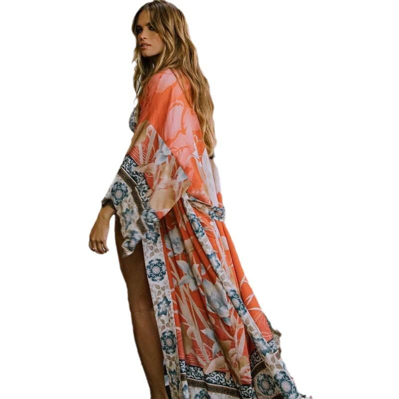 Women Floral Print Kimono Cover Up Boho Long Sleeve Sheer Beach Kimono with Belt