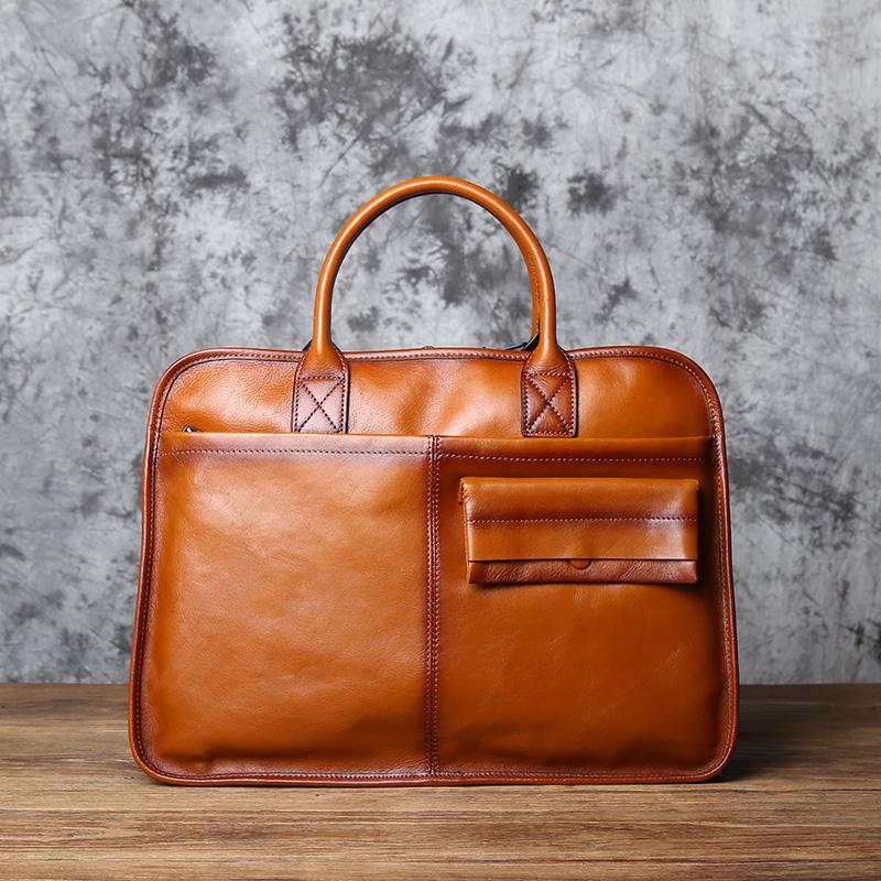 NZPJ Men's Leather Briefcase Retro Top Layer Cowhide Large Capacity Handbag European and American Fashion Shoulder Computer Bag