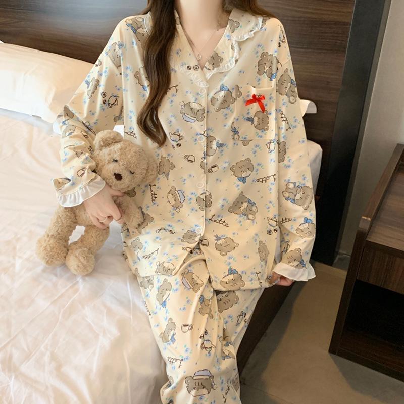 Ikko spring new pajamas women's imitation cotton edge lapel collar long-sleeved trousers loungewear can be worn outside