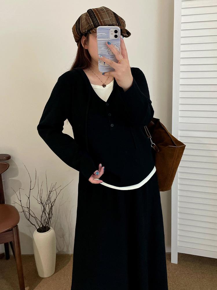 Plus Size Women's Hooded Faux Two-Piece Knit Top & Half Skirt Set, Winter 2025 Casual Chubby MM Fashion.