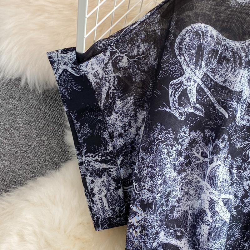 RUGOD 2022 Sommer Ny Revers Kortermet Lett Velkjent Stil Over-kneet Retro Print Kjole Elegant Midje og Stor Sving Lang Kjole