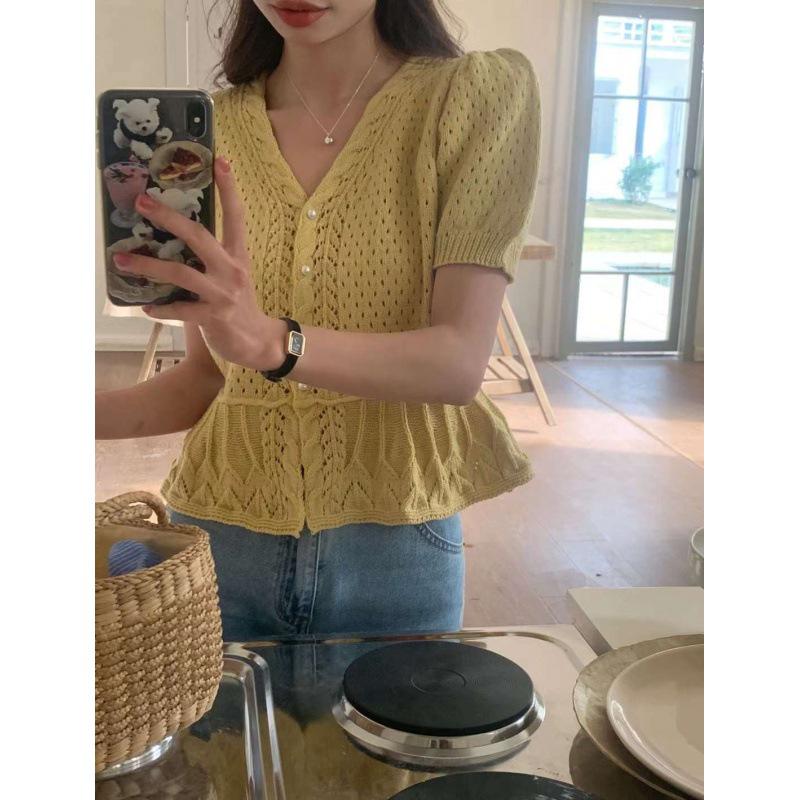 Korean Style Slimming Pearl Button Cutout Bubble Sleeve Knit Top