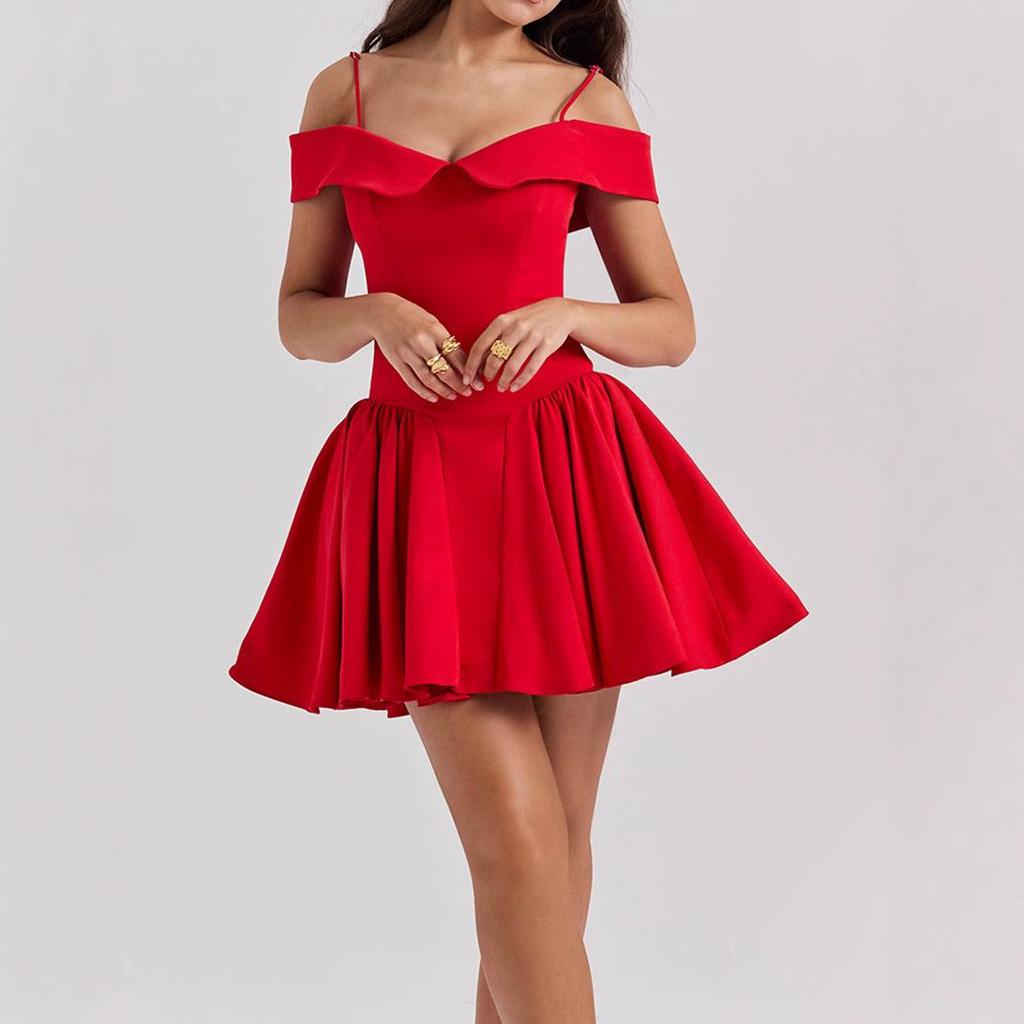 European and American Summer Fashion Temperament Sexy Solid Color Lapel One Shoulder Slim Fit A-line Dress