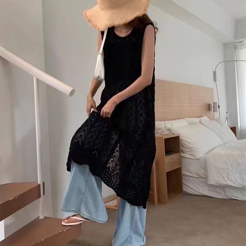 Fashion Knitted Cardigan Sleeveless Lace Dress Retro Hollow Out Sun Protection Women Cross Covers Up Summer Elegant Top Thin Korean Shirt Clothing