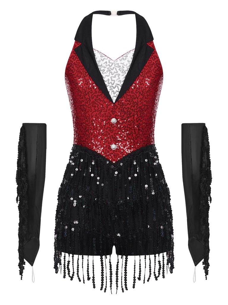 Womens Latin Dance Leotard Halter Sleeveless Backless Sparkling Sequins Tassel Design with Metallic Gloves Performance Wear