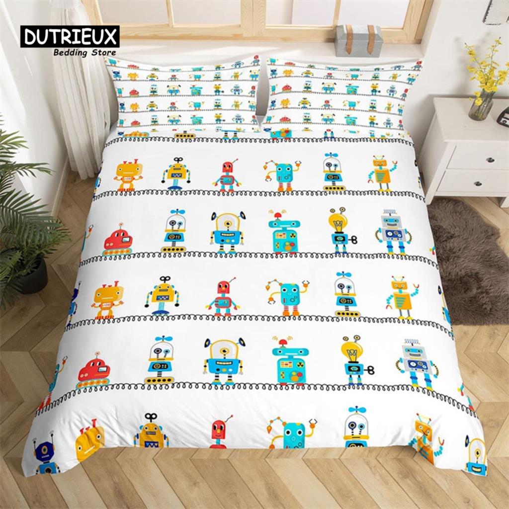 Robot Duvet Cover Set Cartoon Space Robot Bedding Set Patchwork Transformer Futuristic Machine Comforter Cover Twin Full For Boy