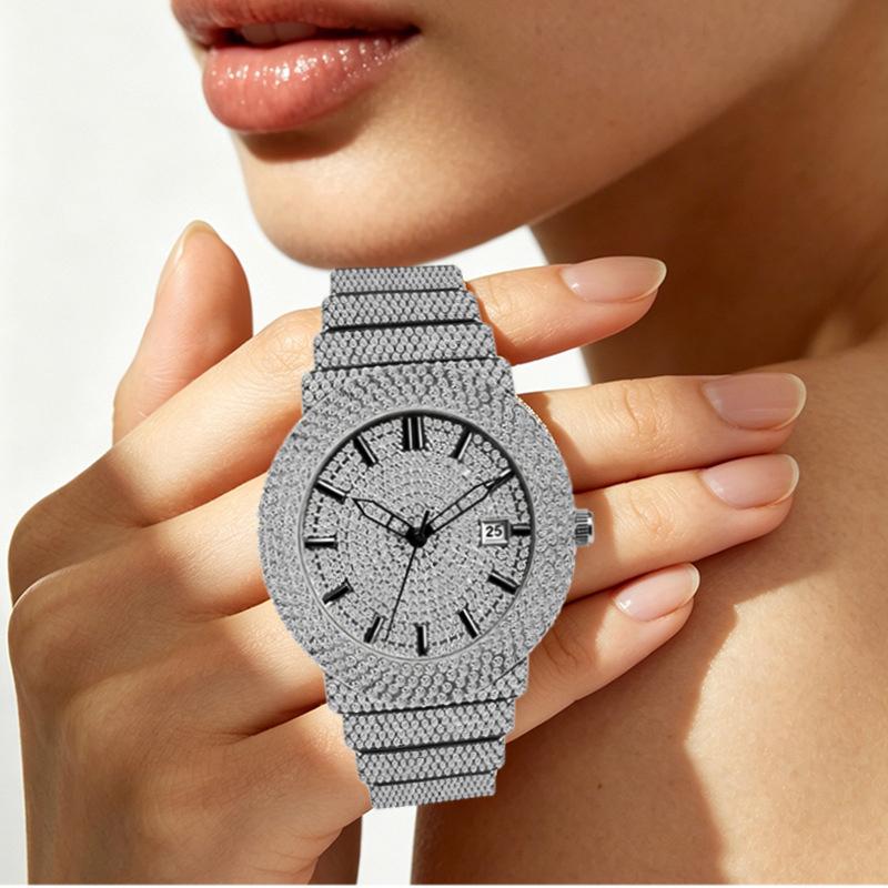 Damen Strass Uhren Hip Hop Stil Diamantbesetzte Quarz Armbanduhr Wasserdichte Schmuckuhr für Sie