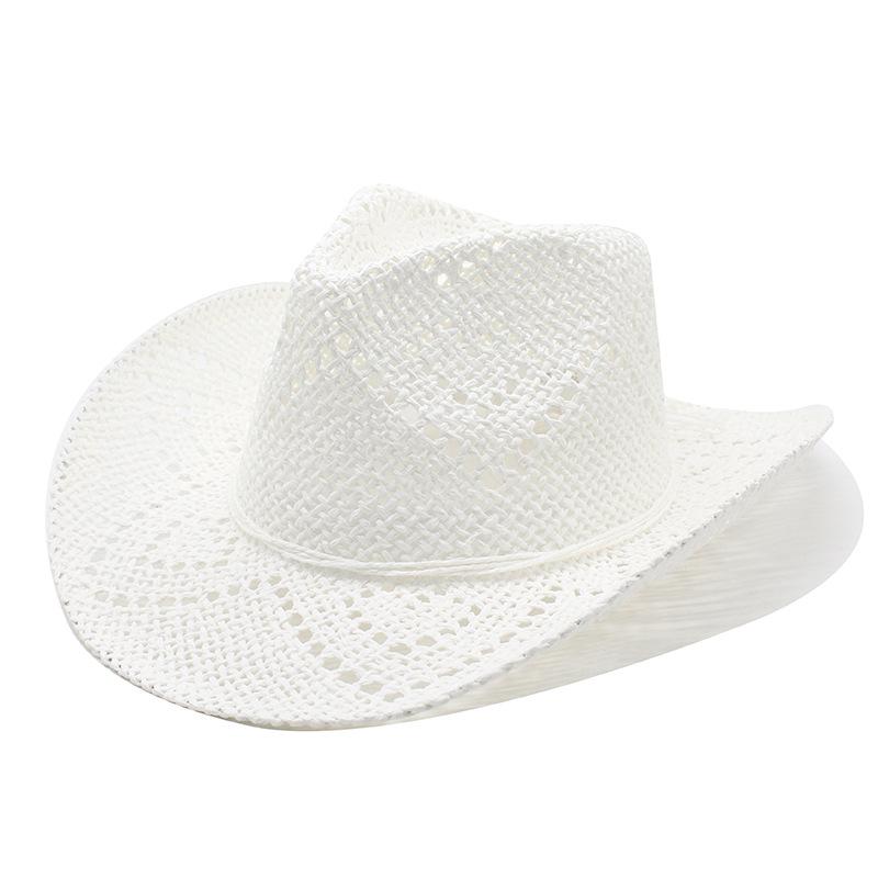 Vintage Hollow Adjustable Breathable Panama Straw Western Cowboy UV Protection Sun Hat for Summer Beach