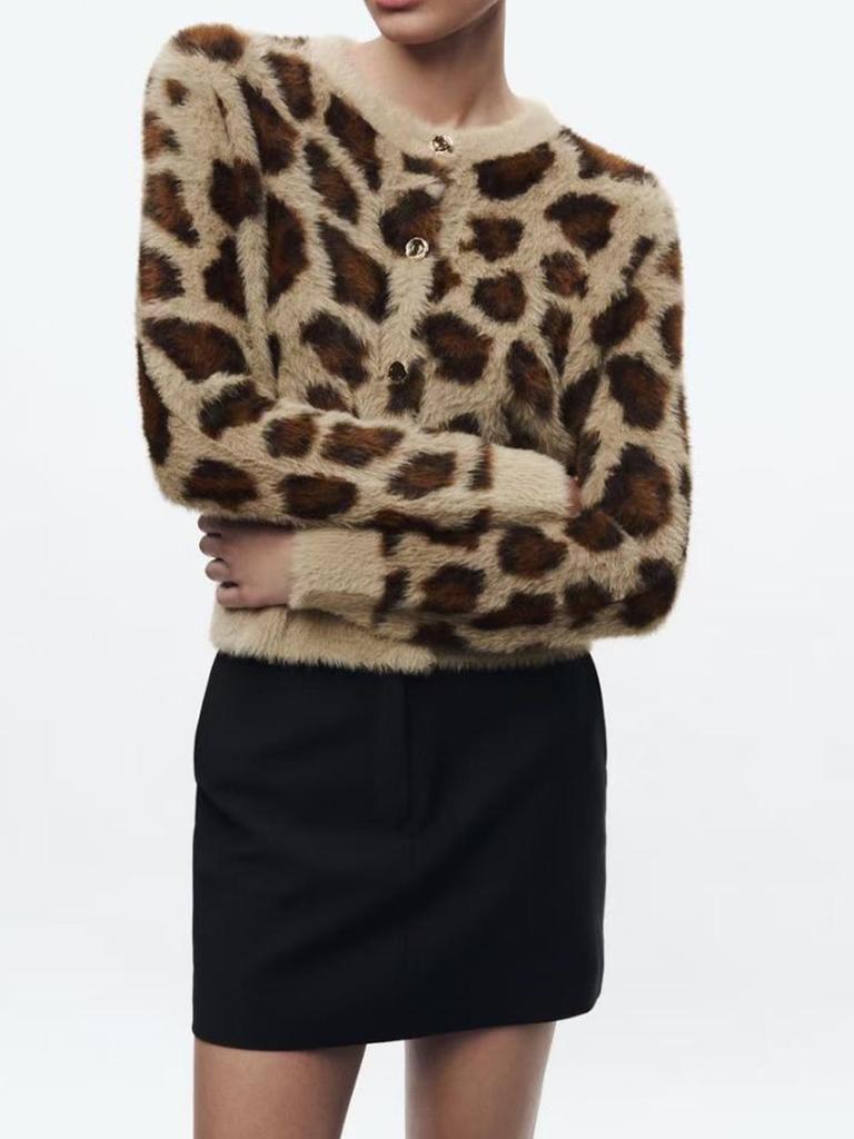 Rose Beauty A Damen Casual Leopardenmuster Button-Up Langarm Neue Kunstpelz Strickjacke, Herbst & Winter