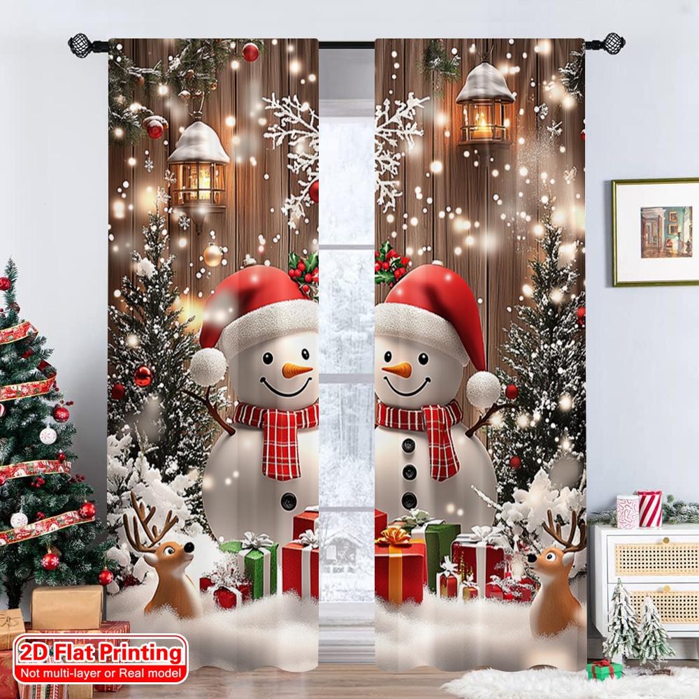 2pcs 2D flat printing Christmas Party Curtain Winter Christmas, Rural Snowman Christmas Polyester Fabric Without Electricity