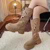 Fashion AVintage Hollow Out Women Western Cowboy Boots Fashion Slip On Thick Bottom Shoes Spring Autumn Knight Botas