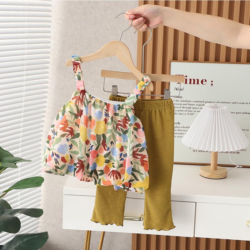 Girls Summer Floral Camisole And Bell Bottom Pants Set Cute Baby Two Piece Outfit 80