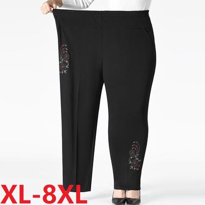 Middle Aged Women's Casual Pants Embroidered High Waist Elastic Straight Pants Loose Oversize Female Long Pants
