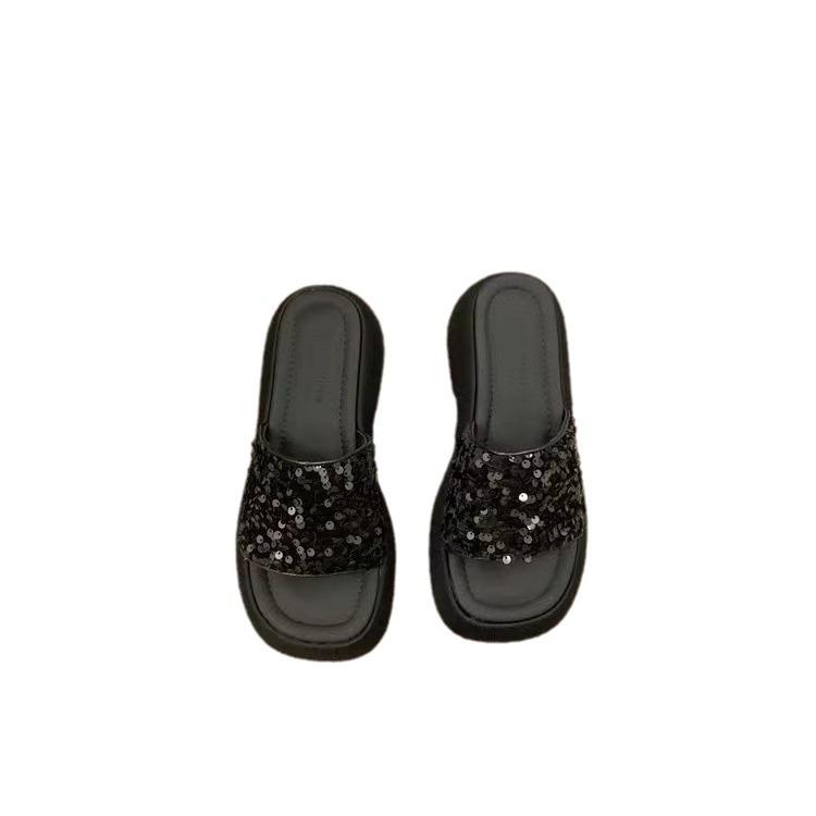Slippers outer wear women's summer platform sandals half slippers women's sequins muffin bottom one word cool slippers comfortable and versatile