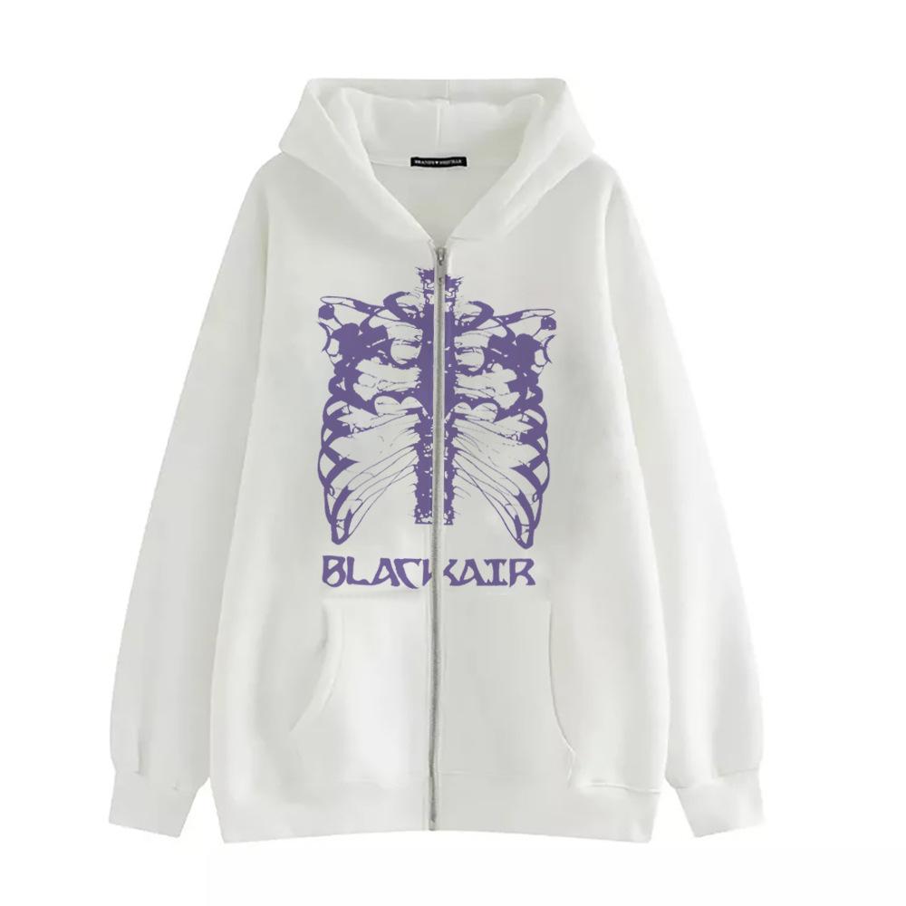 Y2K skeleton zipper hoodie 90s retro pattern print zipper top girls sweatshirt M
