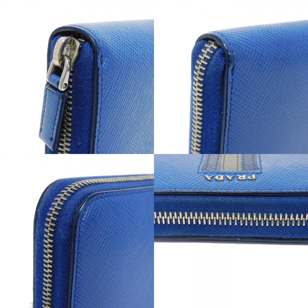 Used 11569 Saffiano Stripe Round Zip Wallet 2ML317 7940 Gray Zip Around Logo Metal Blue Unisex from Japan AUTHENTIC
