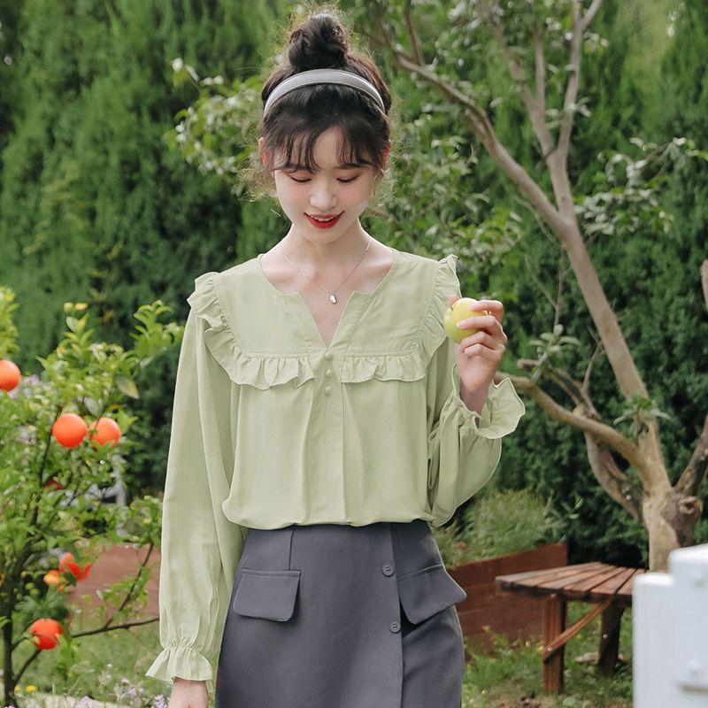 

Рубашка с длинным рукавом во французском стиле, женская рубашка с весенним настроением, универсальный топ, блузка на шнуровке XL зелёный