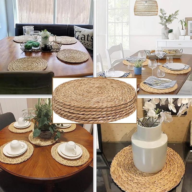 6pc Handmade Straw Woven Placemats Tableware Mat for Dining Table Wicker Natural Round Straw Pad Heat Resistant Place Mats