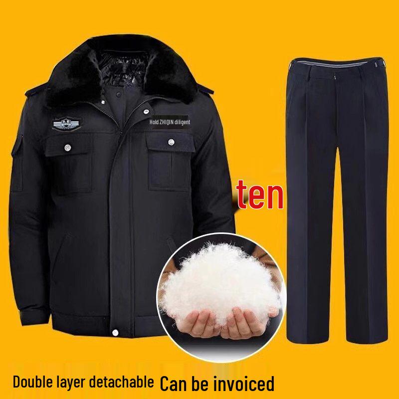 Zimowy mundur służbowy ochrony: Pogrubiony Zestaw Bawełnianej Kurtki i Płaszcza na Ciepło i Ochronę przed Zimnem.