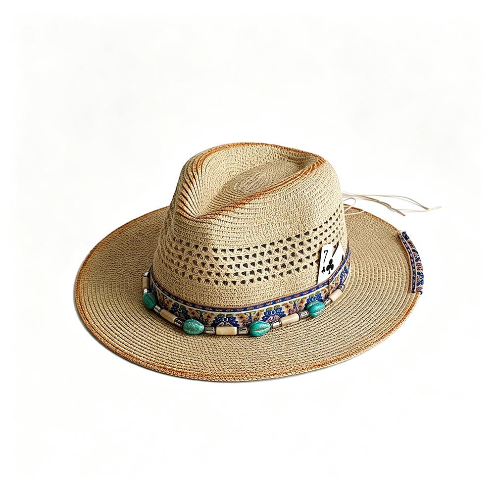 Fashion Black Men'S Summer Straw Woven Fedora Hat Panama Hat Wide Brim Summer Beach Sun Hat Playing Card Accessory