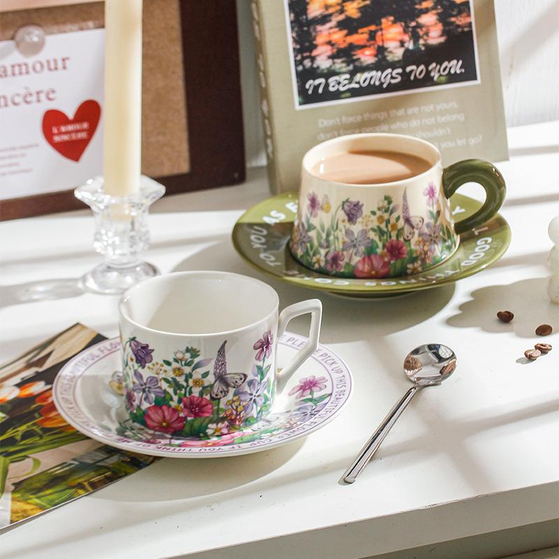Retro Ceramic Cups And Saucers, Antique Oil Painting, Green Wind Chimes, Flower Coffee Cups And Saucers, Hepburn Style Afternoon Tea
