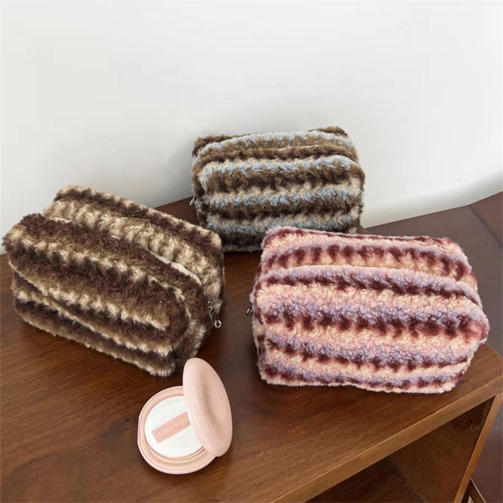 Vintage Plush Striped Makeup Bag Striped Design Travel Cosmetic Case Makeup Accessory