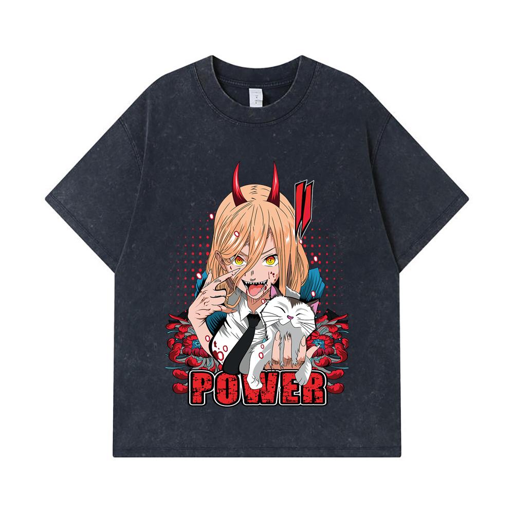275 GSM Washed T-shirts 100% Cotton Chainsaw Man V51 Power Print Unisex Heavy Cotton T Shirt