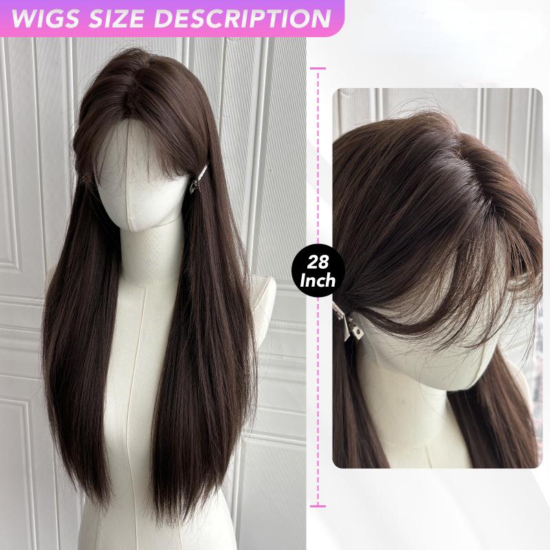 28 Inch Brown Front Lace Wigs Straight Wigs Fiber Synthetic Heat-resistant Realistic Curly Wigs Party For Women Korean Fashion