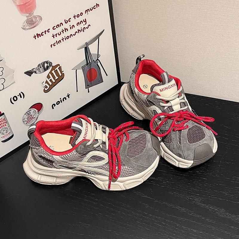 

Модные контрастные цветные вставки, туфли на платформе, женские новые сетчатые дышащие туфли, увеличивающие рост и стройнящие, повседневные 38 красный