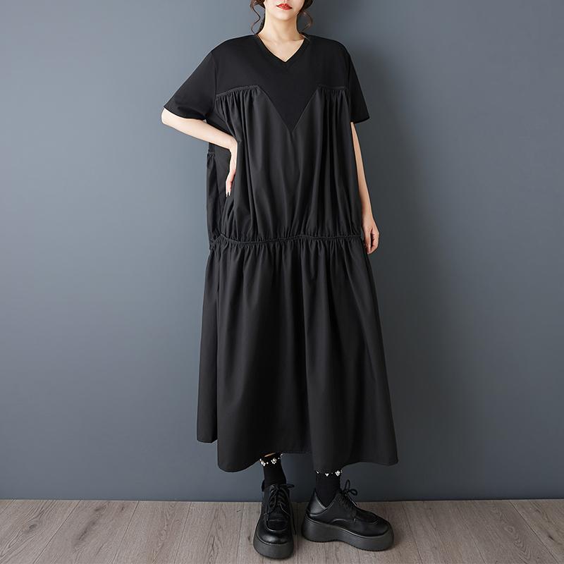 DIMANAF 2026 New Spring Summer  Plus Size Women Black Dress Fashion Lady Loose Casual Long Dress Solid Pleated Skirt