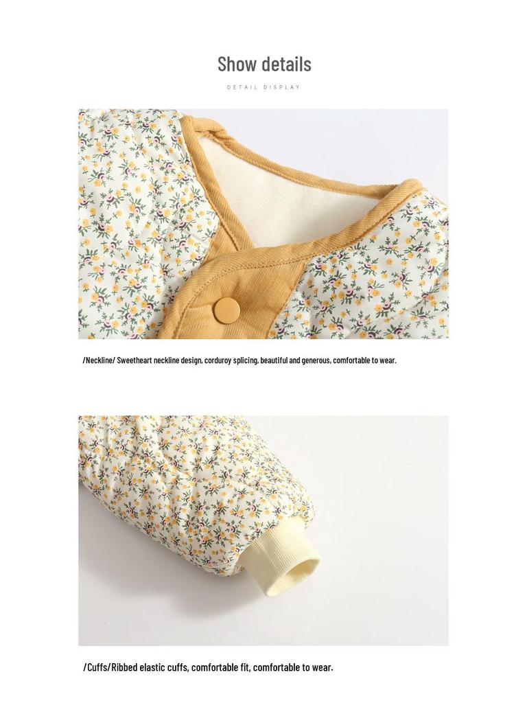 2023 Korean Style Girls' Floral Quilted Corduroy Winter Jacket