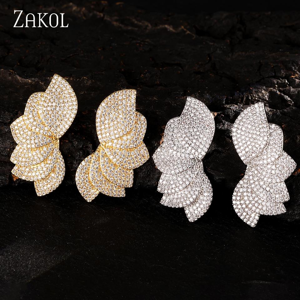ZAKOL Luxury Elegant Folding Petal Micro-inlaid CZ Zircon Women's Stud Earrings Exquisite Versatile Banquet Jewelry Gifts