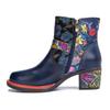 Johnature Vintage Floral High Heel Damen Stiefel Echtleder Schuhe Handbemalte Gürtelschnalle Mode Kurze Stiefel