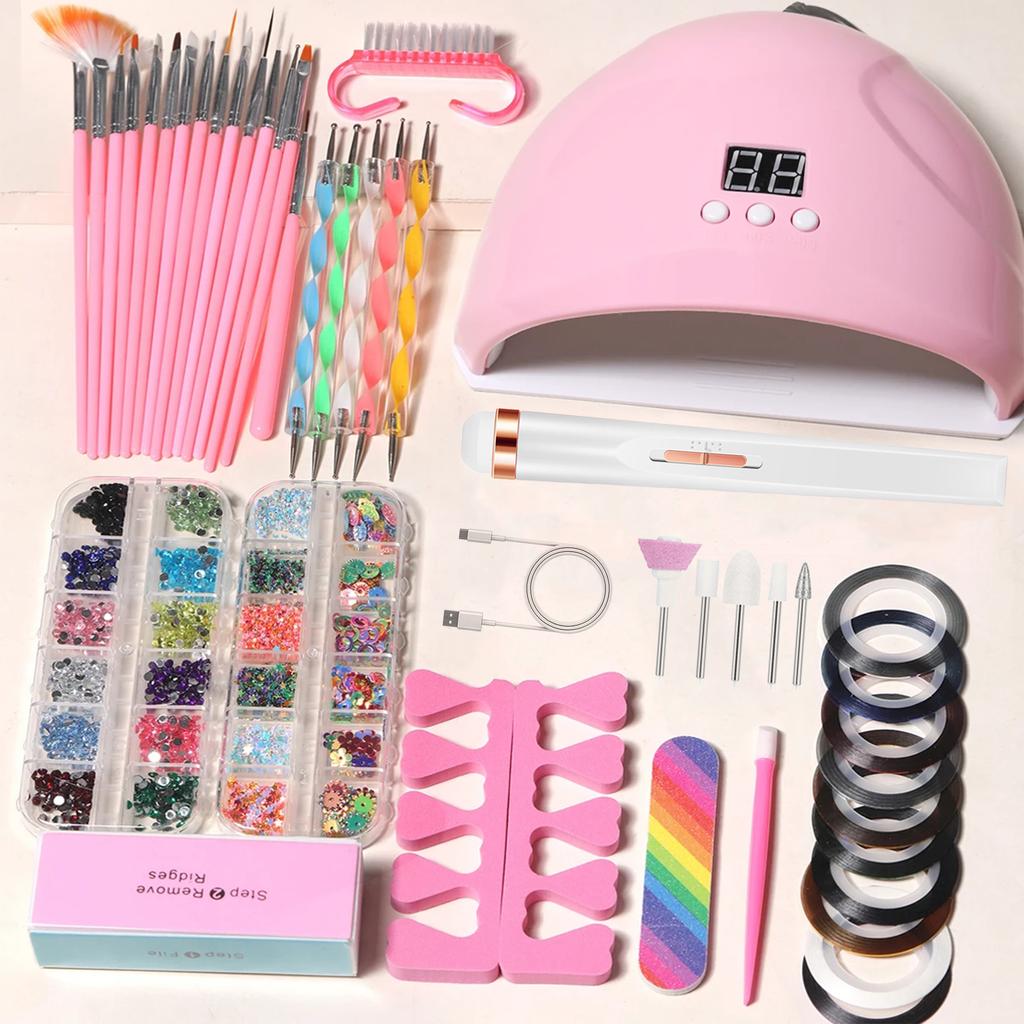 YIKOOLIN 46in1 Professional Nail Art Set with UV LED Nail Lamp Dry Charging Dual Purpose Nail Drill Acrylic Starter Set