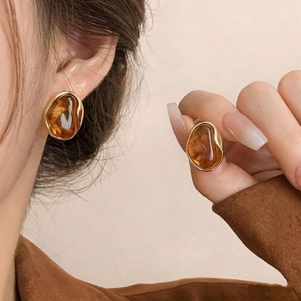 Autumn and winter amber new popular stud earrings, premium Maillard retro temperament earrings, niche design earrings