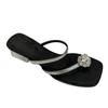 New Chinese-style Pinch Feet Thick Heel Medium Heel Slippers Women's Summer Rhinestone Cover Toe Versatile Outer Wear Cool Slippers