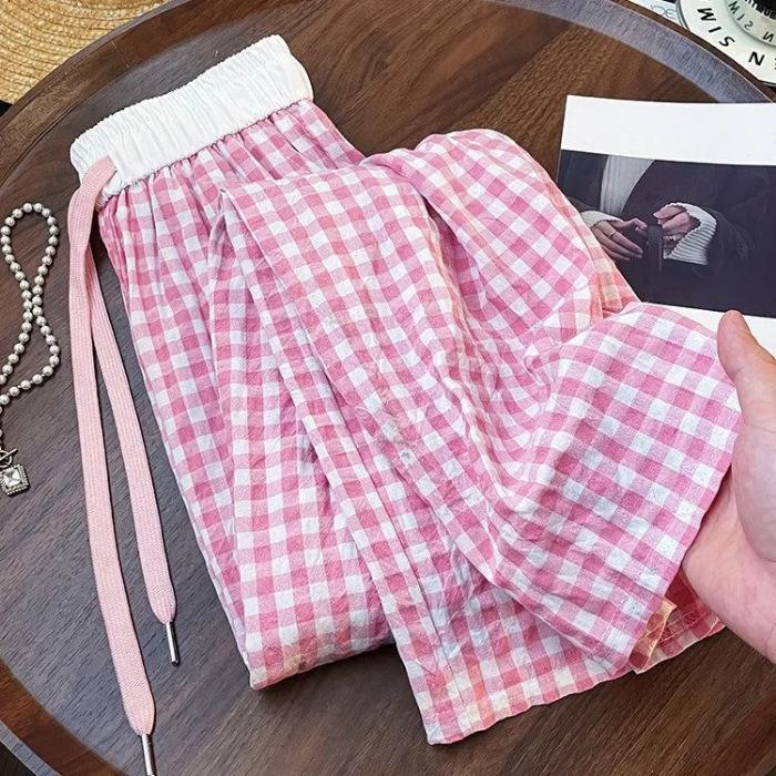 Women s Retro Blue Plaid Drawstring Summer Pants - Stylish, Loose, and Slimming Fashion S розовый