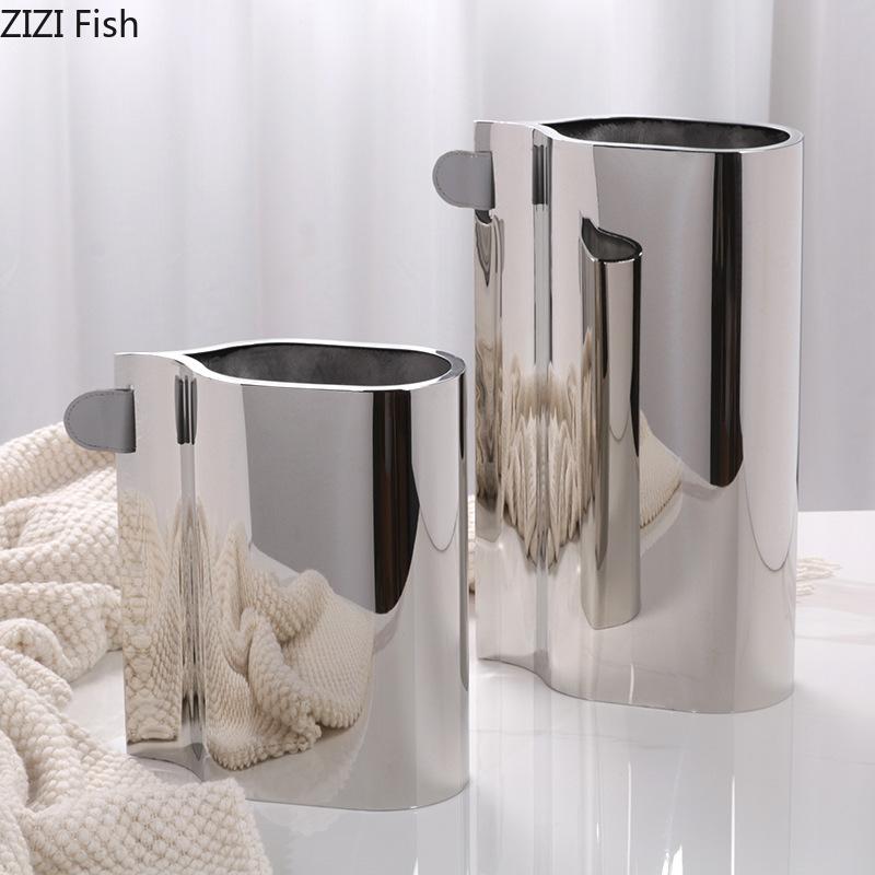 Creative Silver Metal Vase Leather Decorative Flower Pot Desk Decoration Flower Arrangement  Floral Vases Room Aesthetic Decor