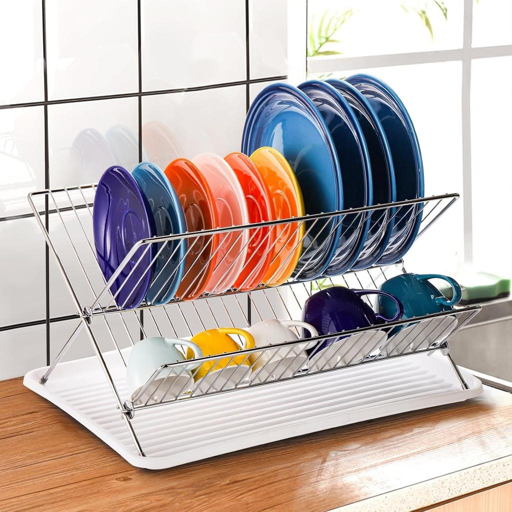 Foldable Dish Drying Rack with Drip Tray, Stainless Steel 2 Tier Dish Drainer Rack, Collapsible Dish Drainer, Folding Dish Rack