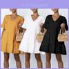 Elegant Women V-neck Plain Smock Dress With Loose Fit And Short Sleeve Design