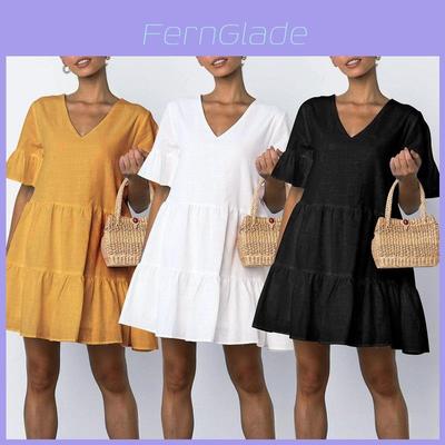 Elegant Women V-neck Plain Smock Dress With Loose Fit And Short Sleeve Design