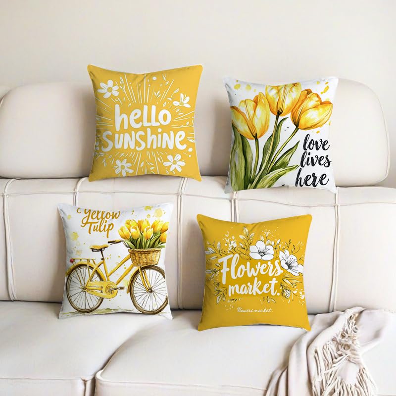 4 Pack Yellow Tulip Pillow Covers Double Sided Print Hello Sunshine Floral Bicycle Cushion Cases Home Decor For Sofa Bedroom