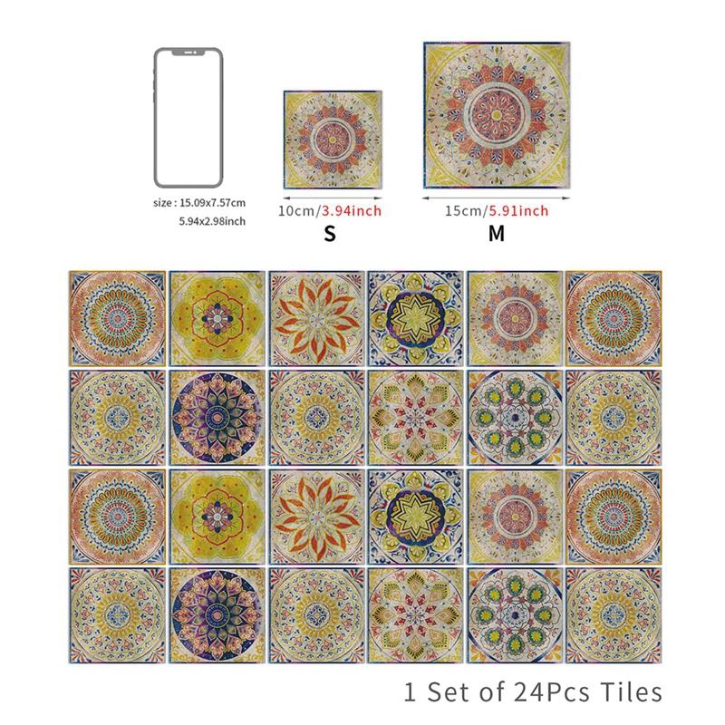 24PCS Moroccan Wall Sticker Self-adhesive Tile Stickers for Kitchen Bathroom Mandala Patterned Art Waterproof Wall Sticker Decal